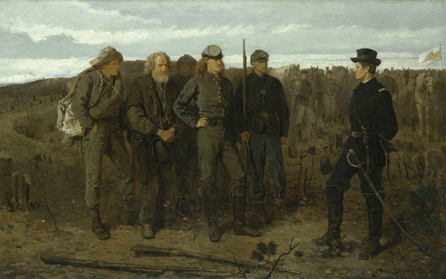 In "Prisoners from the Front,†1866, Winslow Homer summed up issues facing the nation at the end of the Civil War. In this fascinating oil, the artist's friend, a confident Union General Francis Barlow, confronts three types of Confederate prisoners: a clueless country lad, a grizzled soldier clearly beyond fighting prime and a cocky officer exuding hostility, amid a landscape devastated by war. Homer's message: the psychological animosity and physical damage must be repaired in both North and South before the war will be truly over. Metropolitan Museum of Art.