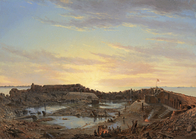 One of the few skilled artists of the South and a Confederate soldier to boot, Conrad Wise Chapman created 31 views of the fortifications of Charleston Harbor under Confederate control, including "Fort Sumter, Interior, Sunrise, Dec. 9, 1863,†1863‶4. Here, early morning light reflects on puddles in the installation's bombed-out interior. The Confederate flag flies defiantly, holding out hope for the Southern cause. Museum of the Confederacy.