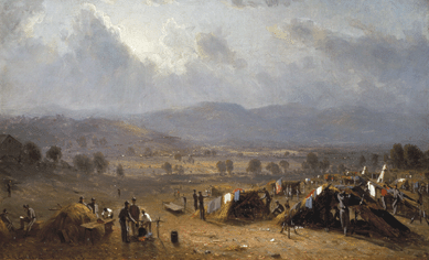 Hudson River School painter Sanford Gifford, who served on active duty in the Union Army, used his panoramic painting skills to record "The Camp of the Seventh Regiment near Frederick, Maryland,†in 1863. As the sun breaks through storm clouds, soldiers and black laborers in the foreground dry out rain-soaked gear. In the far distance is a barely visible convoy of retreating Confederate troops. Private collection.