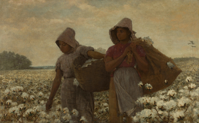 Winslow Homer's increasingly empathetic images of African Americans and sensitivity to choices confronting them during Reconstruction are apparent in "The Cotton Pickers,†1876. Here, the more docile black field worker on the left looks down at her work, seemingly reconciled to a future in cotton fields, while her alert companion looks up and forward, perhaps determined to leave the fields and carve out a new life in freedom. Los Angeles County Museum of Art.