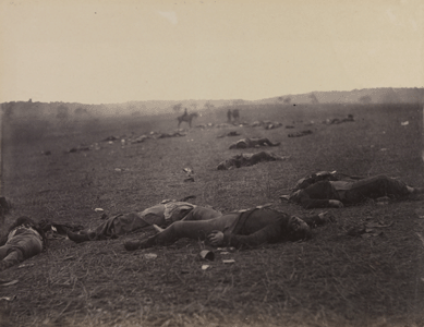 Photography's seemingly direct and immediate documentation changed the way Americans thought about war by bringing home the carnage and devastation of combat in grim, graphic images of ruptured battlefields strewn with bloated corpses, as exemplified by Timothy O'Sullivan's "A Harvest of Death, Gettysburg, July 1863.†Ten days after viewing this and similar images recording the gruesome costs of war, President Lincoln traveled to the site to deliver his immortal Gettysburg address. Chrysler Museum of Art.
