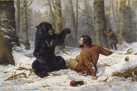 Arthur Fitzwilliam Tait (American, b England, 1819‱905), "The Life of a Hunter: A Tight Fix,†1856, oil on canvas, 40 by 60 inches. Courtesy Crystal Bridges of American Art, Bentonville, Ark. Photography by Amon Carter Museum of American Art.