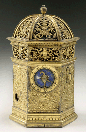 Pierre de Fobis (1506‱575), gilt-brass table clock, circa 1530, 5 inches tall, The Frick Collection, New York, bequest of Winthrop Kellogg Edey. ⁍ichael Bodycomb photo