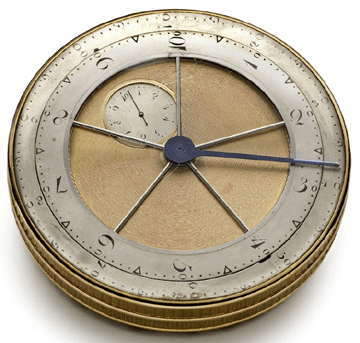 Abraham-Louis Breguet (1747‱823) and Antoine-Louis Breguet (1776‱858), gold and silver double-dial desk watch showing decimal and traditional time, circa 1795‱807, 2 7/8-inch diameter, The Frick Collection, bequest of Winthrop Kellogg Edey. ⁍ichael Bodycomb photo