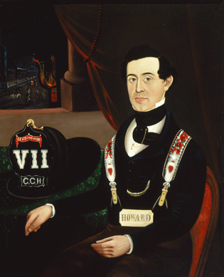 The portrait of firefighter Charles C. Henry is attributed to Prior's brother-in-law, Sturtevant J. Hamblin, and was probably painted in East Boston in 1851. The sitter, a restaurateur, was the lead hose man for the Howard Number 7 Volunteer Fire Company and wears a flamboyant pair of suspenders. Fenimore Art Museum, gift of Stephen C. Clark.