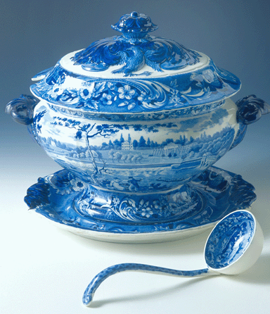Tureen with blue-printed pattern depicting the Philadelphia Water Works, Joseph Stubbs, Staffordshire, England, circa 1825″0.