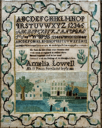 Amelia Lowell was around 10 when she completed her 1806 marking sampler in silk thread on linen using cross, queen, satin and outline stitching. It was probably made at Rachel Hall Neal's school and falls into the largest group of related Portland samplers made between 1804 and 1820. 