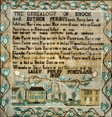 Mary Lewis was 10 when she made a family register sampler at Sally Perry's school in Portland. The piece is unusual in that it is a record of her teacher's family, rather than her own, and she presented it to Perry.