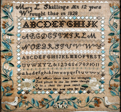 Twelve-year-old Mary L. Skillings made a marking sampler in 1828 at the school of the Misses Charlotte and Sarah Paine in Portland or at the Gorham Academy in Gorham. 