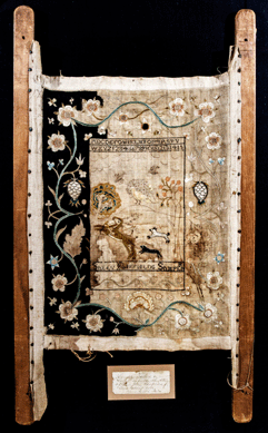 Sally Fairfield made a sampler in about 1782, possibly at the academy of Eleanor Druitt in Boston, using satin, cross, split and outline stitches and French knots. While it is unfinished, it bears a resemblance to four documented samplers by Grace Welsh, Sukey Makepeace and Abigail Means and a near-identical 1781 sampler by Betsey Bentley.