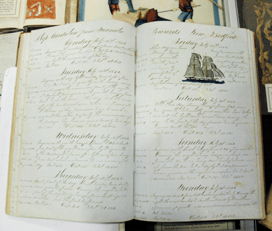 This sea journal of Captain Alexander Winsor chronicling four years of his sailing career from November 1850 to April 1854 was notable for the cargo being carried on the Audubon †women bound for San Francisco in the early days of the Gold Rush. Handsomely executed ink and watercolor illustrations of ships sighted on the journey added to its cachet as a piece of American folk art, according to dealer Greg Gibson of Ten Pound Island Book Co., Gloucester, Mass.