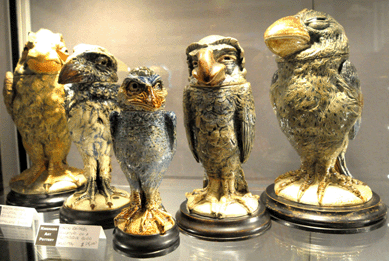 A selection of birds by Martin Bros was priced from $32,000 to $90,000 at Kingham Pottery, Gloucestershire, U.K.