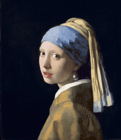 One of only 36 known Johannes Vermeer paintings, "Girl with a Pearl Earring,†circa 1665, epitomizes the quiet grace and virtuoso technique of the enigmatic painter, particularly in its rendering of light on the side of the young woman's face. Close examination of the 18-by-15-inch canvas reveals how Vermeer used tiny brushstrokes to capture reflections on the pearl, and broader, more expressive painting to render her ultramarine and yellow turban. Small and enduringly captivating, this image is understandably an icon of world art.