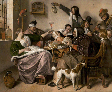 Master storyteller Jan Steen painted highly popular pictures filled with sly, vivid commentary, conveying a sense of energy and activity through color and composition. In "As the Old Sing, So Twitter the Young,†circa 1668‱670, three generations of a family celebrate the baptism of a child (center, on his mother's lap), as the grandfather wearing a "new father's hat†looks on to the left and others set bad examples by drinking and smoking, notably, on the right, the father (a broadly grinning Steen himself) teaching his son to smoke a pipe.