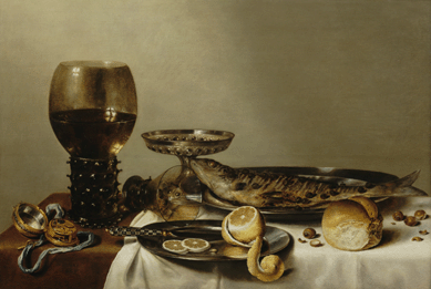 One of the great Dutch still life painters, Willem Heda specialized in carefully staged compositions featuring a few pieces displayed on tabletops, painted with a subdued palette of grays and silvers. In "Still Life with a Roemer and Watch,†1629, objects are arrayed to enable the artist to show off his ability to depict the play of light on varied surfaces, while the timepiece at the left refers to the transience of life.
