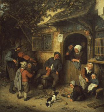 The first Dutch painter to specialize in the peasant genre, Adriaen Van Ostade created cheerful, rustic pictures with telling details, such as "The Violinist,†1673. Here, an old woman leans on an inn door, joined by assorted local types, to enjoy music played by an itinerant musician.