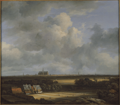 The leading landscape painter of the Golden Age, Jacob van Ruisdael turned sketches made on the dunes outside his hometown into panoramic studio paintings, like "View of Haarlem with Bleaching Fields,†circa 1670‷5. In addition to the white linen bleaching in the foreground †an important industry at the time †van Ruisdael offered an interpretation of the city's skyline under impressive cloud formations. 