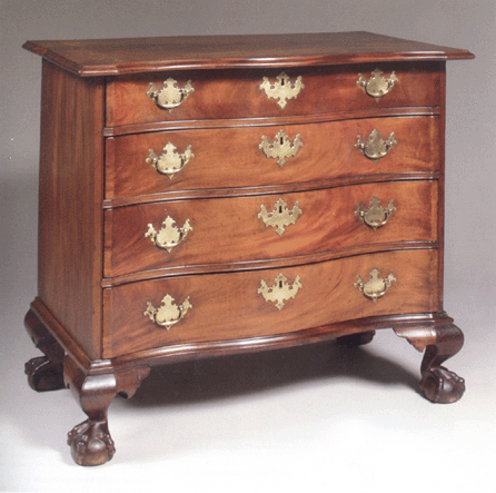 One of the major pieces of furniture in the sale was this serpentine chest of drawers, property from an American private collector, Massachusetts, circa 1760‱780, measuring 32¾ inches high, 34 inches wide and 20¾ inches deep. It is of figured crotch mahogany with boldly carved ball and claw feet and spur returns. Bidding opened at $40,000, against a $50/80,000 estimate, and it sold to a phone bidder for $117,800 with the buyer's premium.