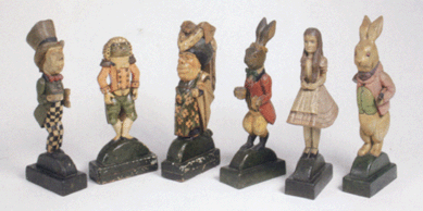 It did not appear as if much attention was given to six carved wood and painted Alice in Wonderland figures that were placed in a semicircle on a table in the exhibition area. The tallest figure measured 17½ inches and included the Mad Hatter, Frog Footman, the March Hare, White Rabbit and, of course, Alice. The figures were American, circa 1900, signed Augustes Davies (1867‱951), and carried an estimate of $5/8,000. When the carvings came up, interest grew rapidly and paddles flew in the air, phone bids were taken, and they finished at $39,680 with premium.