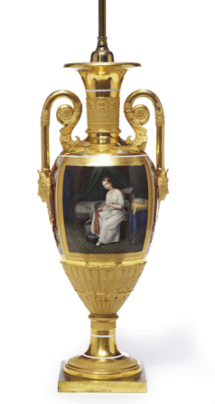 A Russian Imperial Porcelain Factory neoclassical painted and parcel-gilt two-handled urn from the second quarter of the Nineteenth Century was the top lot of the auction when it attained $152,500. The urn stands 21½ inches tall.