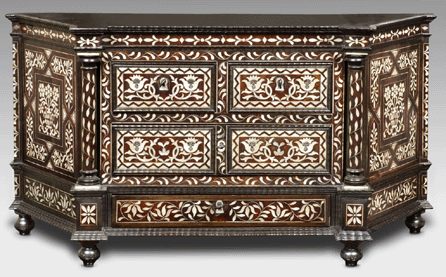 Contador (cabinet), mid-Eighteenth Century, artist/maker unknown, Peruvian; wood, mother of pearl, tortoiseshell, ivory, and silver, 39 3/8 by 20 7/8 by 13 inches. Roberta and Richard Huber Collection.