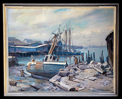 An Emile Gruppe boatyard scene brought $14,630.