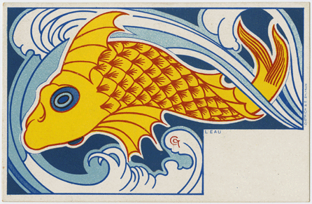 From the 1898 series "The Elements†by Belgian artist Gilbert Combaz, "Water†exemplifies Art Nouveau and its Japanese inspirations. There is no straight line in Combaz's deeply colored design. 