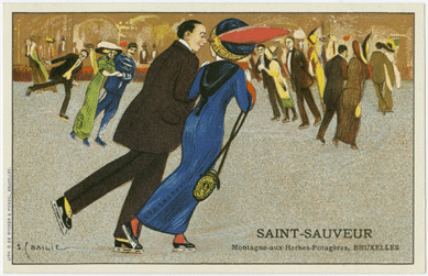 "Ice Skaters at the Bains de Saint-Sauveur, Brussels†by S. Baillie was published around 1910 in Brussels by O. DeRycker & Mendel. 
