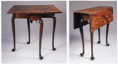Lot 53, a diminutive Queen Anne mahogany table with rectangular drop leaves, Massachusetts, 1740‱760, measures 28 inches high and 12 inches wide closed, 29 inches wide open. According to the catalog, tables of this rare size rarely come on the market and this one created many bids, finally ending at $68,200, well over the $25,000 high estimate.