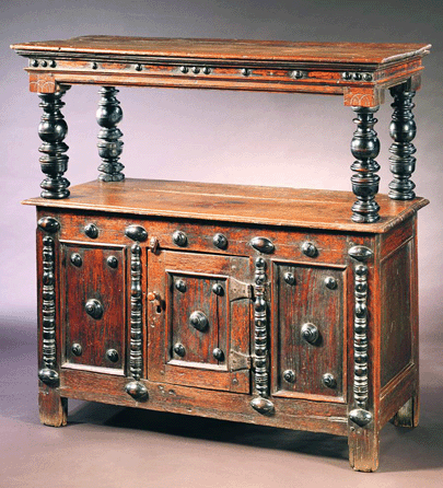 One of several furniture examples that will be discussed in the seminar, this court cupboard, 1660‱680, is probably York County, Va., and is made of white oak, yellow pine and walnut, 49 7/8 by 50 by 18 7/8 inches.