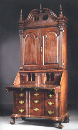 Possibly commissioned in 1767 by Hartford, Conn., merchant Samuel Talcott Sr for his son, this elaborate cherry wood desk and bookcase with poplar secondary wood is one of the earliest known blockfront pieces from the Connecticut River Valley. Working with conservator Robert Lionetti, researchers Thomas P. and Alice K. Kugelman documented its descent in the Talcott family. Consigned by the Kugelmans, who included it in their 2005 book and exhibition Connecticut Valley Furniture: Eliphalet Chapin and His Contemporaries, 1750-1800, it sold to New York dealer and auctioneer Leigh Keno on behalf of collectors for $1,082,500, more than doubling its high estimate. 