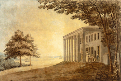 "A View of Mount Vernon with The Washington Family on The Terrace,†a watercolor, pen and ink on paper, measuring 163/8 by 24 inches by the architect and engineer Benjamin Henry Latrobe (1764‱820) was knocked down to Curt Viebranz, president and chief executive officer of George Washington's Mount Vernon Estate, Museum and Gardens, for $602,500. The intimate portrait, showing the family taking tea, is signed and dated July 16, 1796, and was a token of thanks from Latrobe, a house guest.