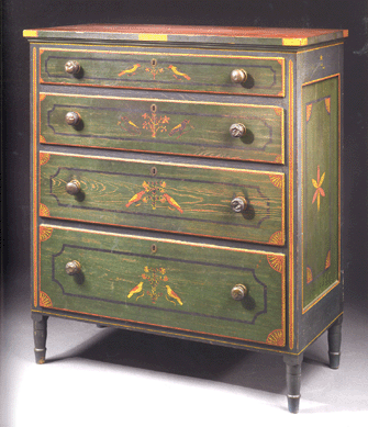 Deaccessioned by the Philadelphia Museum of Art to benefit its acquisition fund, the sale's cover lot, a green-painted chest of drawers attributed to Johannes Braun, with additional painted decoration by Johann Valentin Schuller Jr, is one of 57 known examples of furniture from the Mahantongo Valley in Schuylkill County, Penn. Dated 1829 and estimated at $200/400,000, the chest went to Stonington, Conn., dealer Roberto Freitas for $218,500.