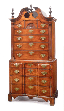 A cataloged sale of property from the collection of Dr Larry McCallister followed the various owners' session, adding $1.3 million to Sotheby's bottom line. Heading the session was this mahogany bonnet top blockfront chest-on-chest attributed to Benjamin Frothingham of Charlestown, Mass. It sold in the low end of its estimate for $194,500.
