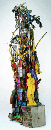 "The Art of Alabama,†2004, a nearly 11-foot-tall assemblage of scrap materials, pays tribute to the uncelebrated expressionist practices of the black South, in which Dial's own art is rooted. By having this towering stack rise high above a bright yellow concrete statue of the Greek mythological figure Pandora, the artist calls into question the superiority of the Western fine art tradition. All images courtesy of Collection of the Souls Grown Deep Foundation, unless otherwise noted.