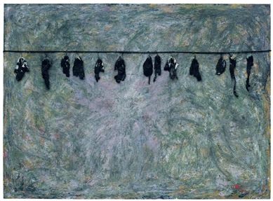 Recalling lynchings and acts of terror that characterized life for Southern blacks, in "Green Pastures: The Birds That Didn't Learn How to Fly,†2009, Dial used old paint rags to parody Jim Crow, the racist designation for African Americans. Its subtitle evokes memories of past suffering and hardship. High Museum of Art, gift of the Souls Grown Deep Foundation from its William S. Arnett Collection.