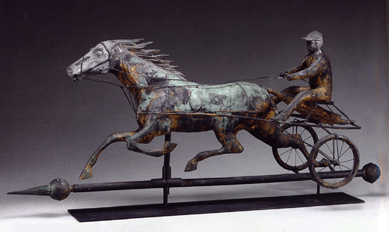 The rare "Nancy Hanks with pneumatic tire sulky†weathervane by Fiske brought $23,000. 