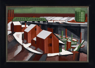 Deeply influenced by Cezanne, as well as his training as an architect, Oscar Bluemner painted vivid landscapes with simplified, well-defined geometric shapes and bright colors. "Hackensack River,†circa 1912, offers a precise view of structures in New Jersey. Naples Museum of Art