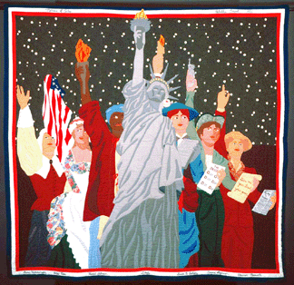 The Statue of Liberty stands with six women in this Mother of Exiles quilt by Rebekka Seigel of Owenton Ky Left to right they are Anne Hutchinson who challenged the Puritan establishment in Massachusetts Betsy Ross who probably contributed part of the design of the US flag Harriet Tubman who led escaped slaves to freedom Susan B Anthony who fought for womens voting rights Emma Lazarus who wrote the poem The New Colossus that linked the statue to immigrants hopes and First Lady Eleanor Roosevelt who helped draft the UN Declaration of Human Rights Courtesy Phyllis George