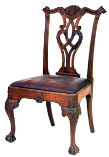 An Eighteenth Century Philadelphia carved side chair in mahogany realized $132,000; provenance Wadsworth family.