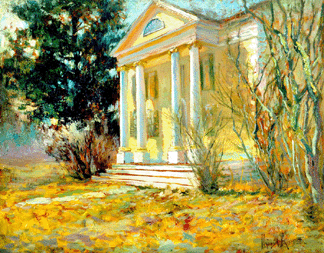 The façade of the handsome Griswold House was painted by numerous Old Lyme artists, including one of the few females, Matilda Browne, in this circa 1910 version, “Miss Florence’s.” Florence Griswold Museum.
