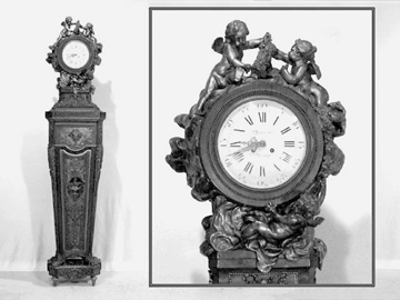 The French pedestal clock was made with three bronze cherubs, parquetry panel sides and bronze mounts with a classical mask brought $17,600 from a discerning buyer.