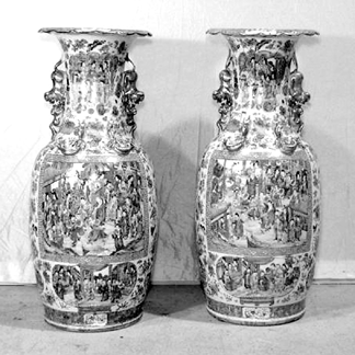 An exceptional pair of famille rose palace vases, 35 inches high, sold to a buyer in China for $11,500.