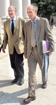 Edward Forbes Smiley III, left, and defense counsel Richard A. Reeve leaving federal court in New Haven last June after the antiquarian map dealer pleaded guilty to one count of theft of a major artwork. On September 27, Smiley was sentenced to 42 months in prison and ordered to pay $1.9 million in restitution to his victims. —Laura Beach photo