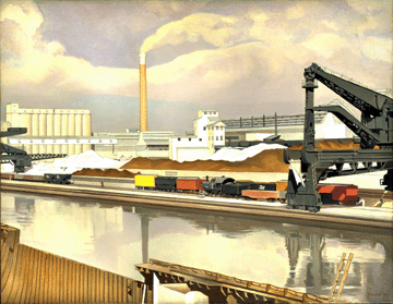 This sharp, colorful and serene Precisionist oil on canvas view of the Ford plant at River Rouge, "American Landscape,” 1930, was created after earlier photographs and a watercolor of the same site. The Museum of Modern Art.
