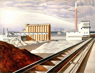 A photograph, then a watercolor of the same scene preceded Sheeler's oil on canvas, "Classic Landscape,” 1931. The title suggests the artist's response to the clean lines and peaceful ambience with which he imbued his depictions of Ford's River Rouge Plant. National Gallery of Art, collection of Barney A. Ebsworth.