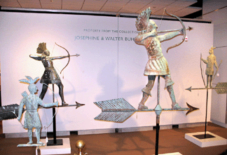 Indian weathervanes from the collection of Josephine and Walter Buhl Ford grossed $6.8 million at Sotheby's on October 6. From left, a late Nineteenth Century molded copper Indian with bow and arrow, 30 inches high, $72,000; a late Nineteenth Century molded copper Indian, probably by J.L. Mott, with chrome restorations, sold to C.L. Prickett Antiques for $716,000; the 62-inch-tall J.L. Mott Indian that sold to collectors Jerry and Susan Lauren for a record $5.84 million; and circa 1890 molded copper Indian, 38 ½ inches tall, $192,000. 