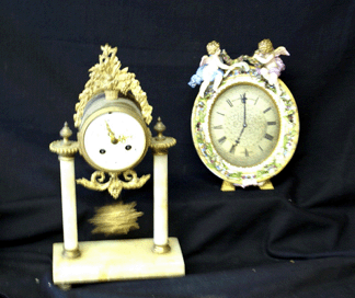 A French Empire clock in bronze and marble drew $431 and a clock in a Meissen frame with an English movement realized $1,265.