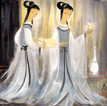 Lin Fengmian's Twentieth Century painting on paper of two women, one holding a lotus and the other, a fan, was the star of Asian week when it sold for $27,600.