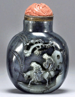 The compelling black and white jade snuff bottle made in the Eighteenth Century by an artisan of the Soochow School brought an impressive $15,600. The graduations of black and white in the bottle were simply beautiful.